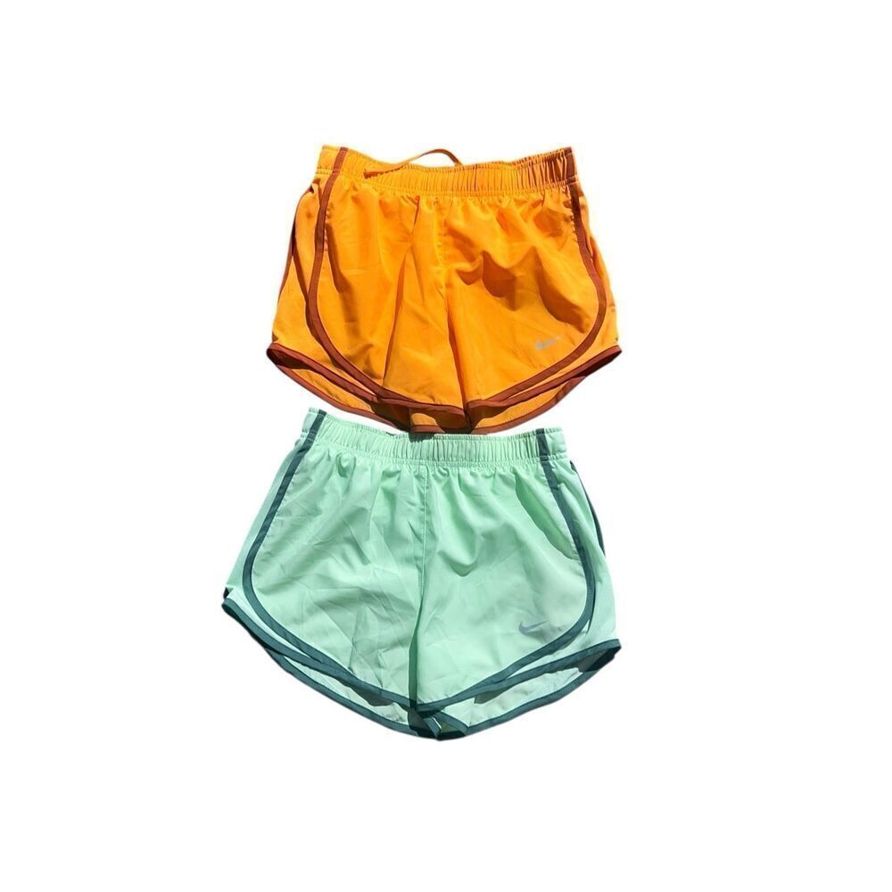 2 Nike woman’s XS Dri-Fit Running Run Shorts orange green hiking outdoors New